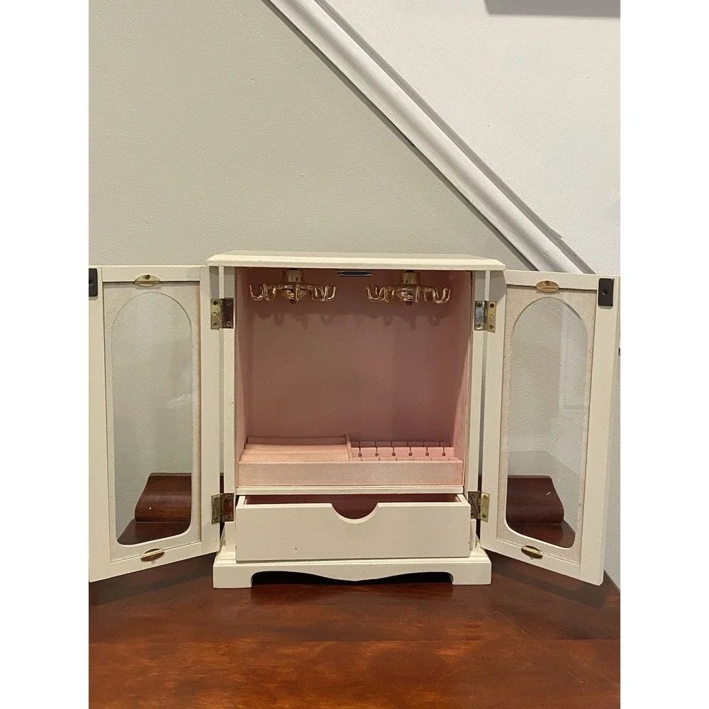 Vintage Jewelry Armoire Box Double Glass Doors, Drawer, Hooks, Pink Velvet Lined